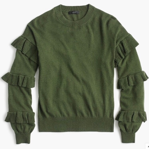 J. Crew Sweaters - JCREW Olive Ruffle Wool Blend Crewneck Sweater NEW